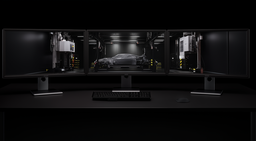 Three monitors with test bench